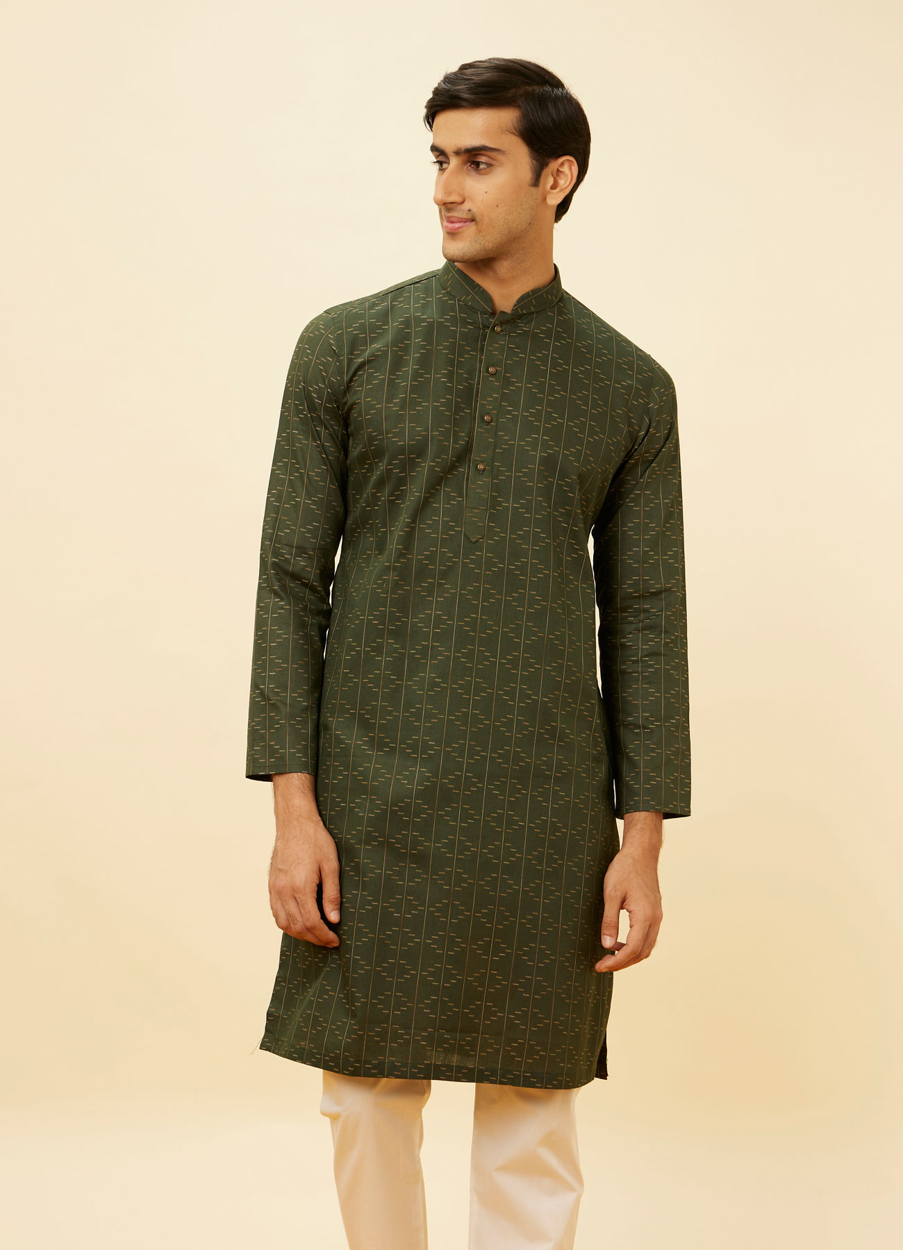 Manyavar Men Dark Green Linear Printed Kurta Set