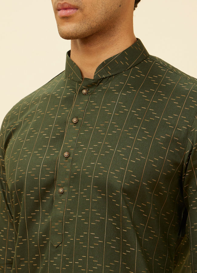 Manyavar Men Dark Green Linear Printed Kurta Set image number 1