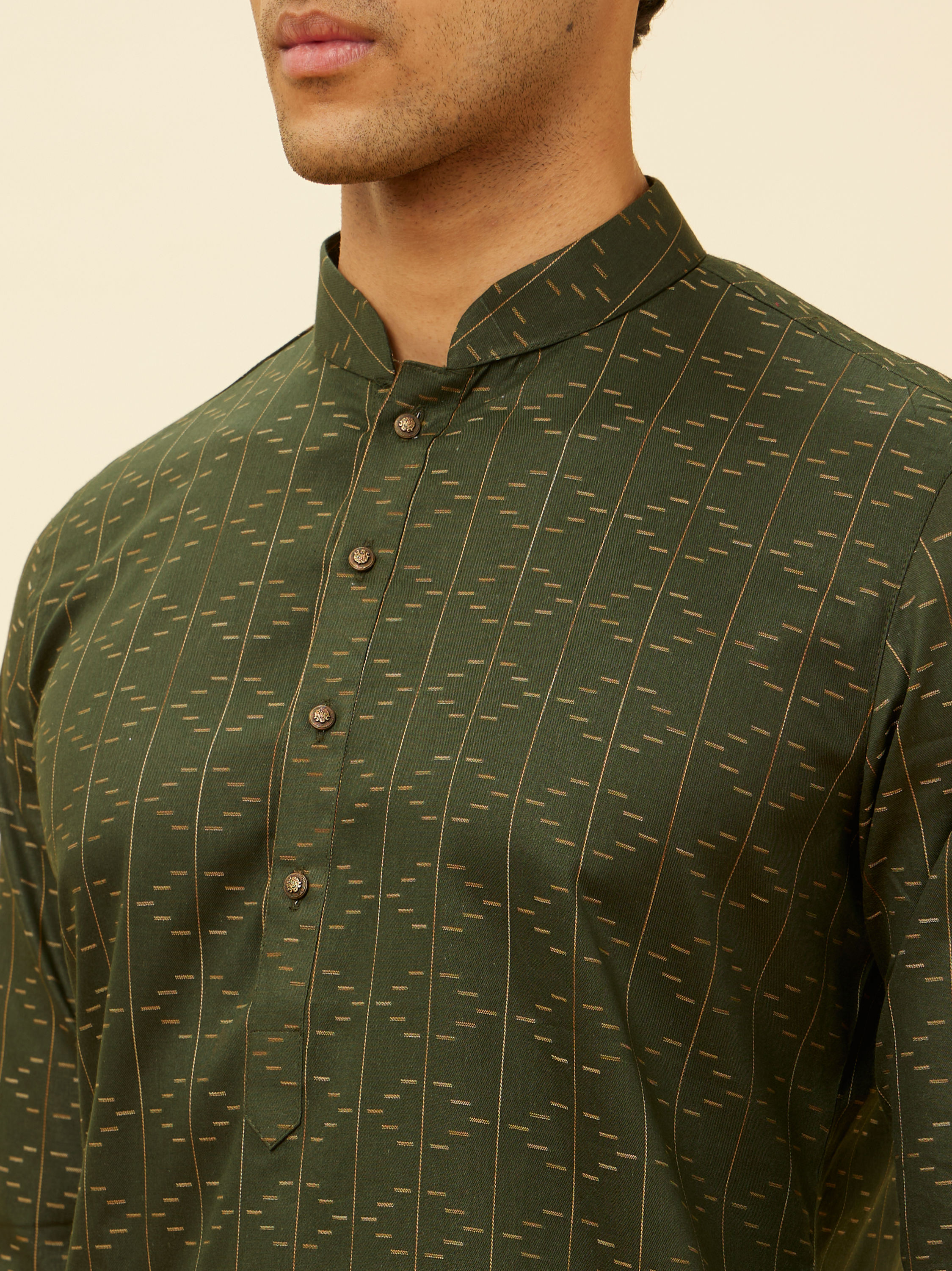 Manyavar Men Dark Green Linear Printed Kurta Set