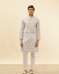 Manyavar Men Pearl White Botanical Printed Kurta Set