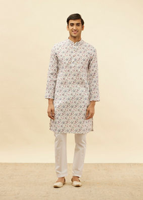 Manyavar Men Pearl White Botanical Printed Kurta Set