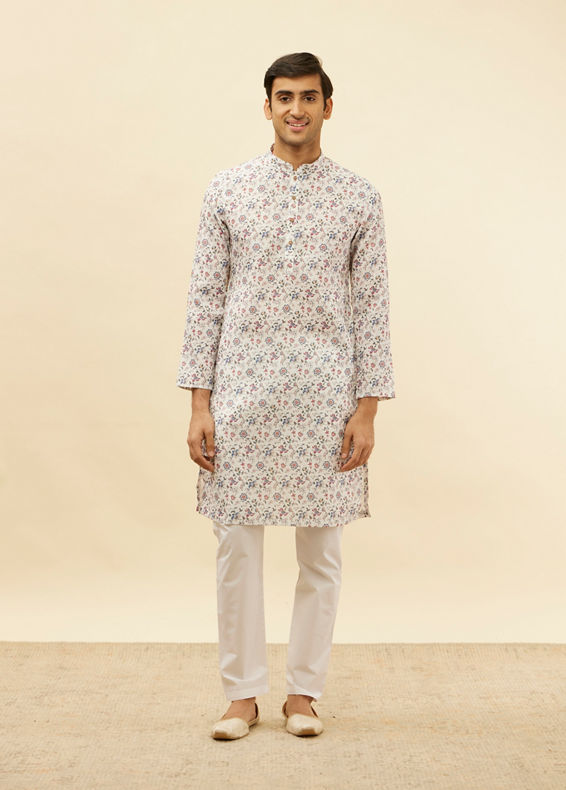 Manyavar Men Pearl White Botanical Printed Kurta Set