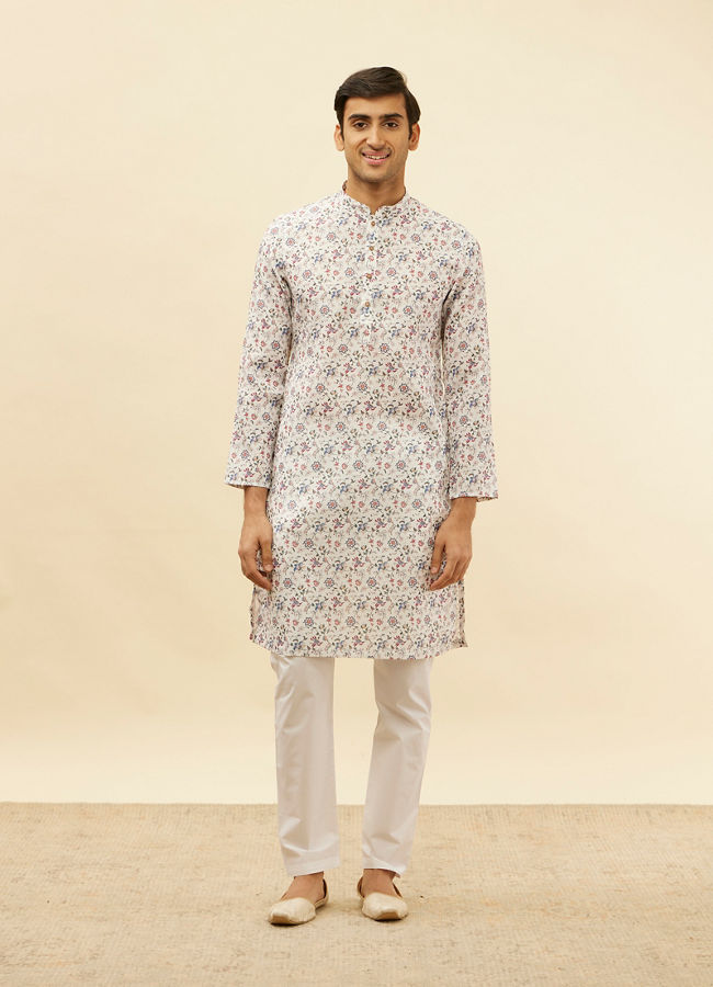 Manyavar Men Pearl White Botanical Printed Kurta Set