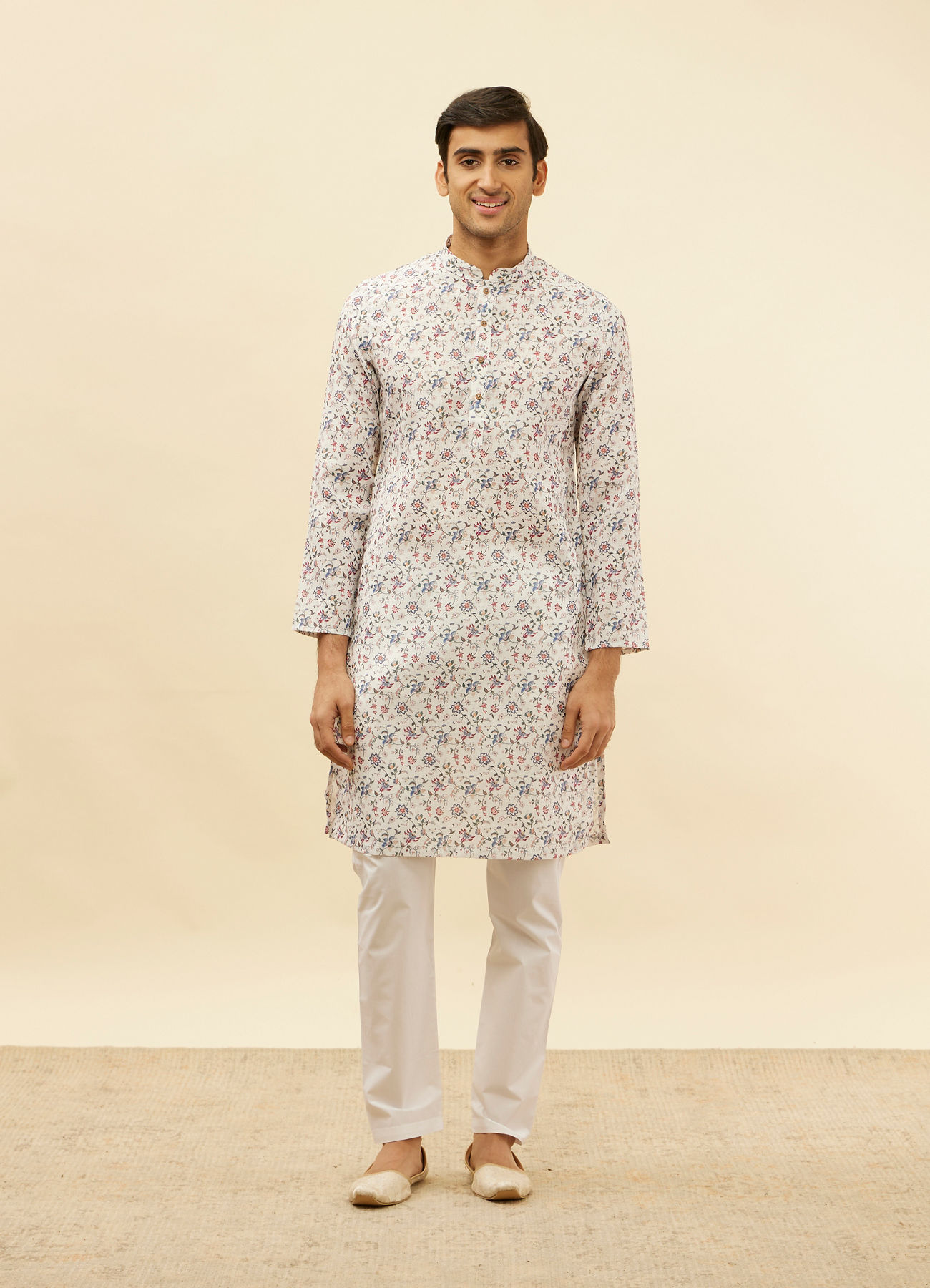 Manyavar Men Pearl White Botanical Printed Kurta Set