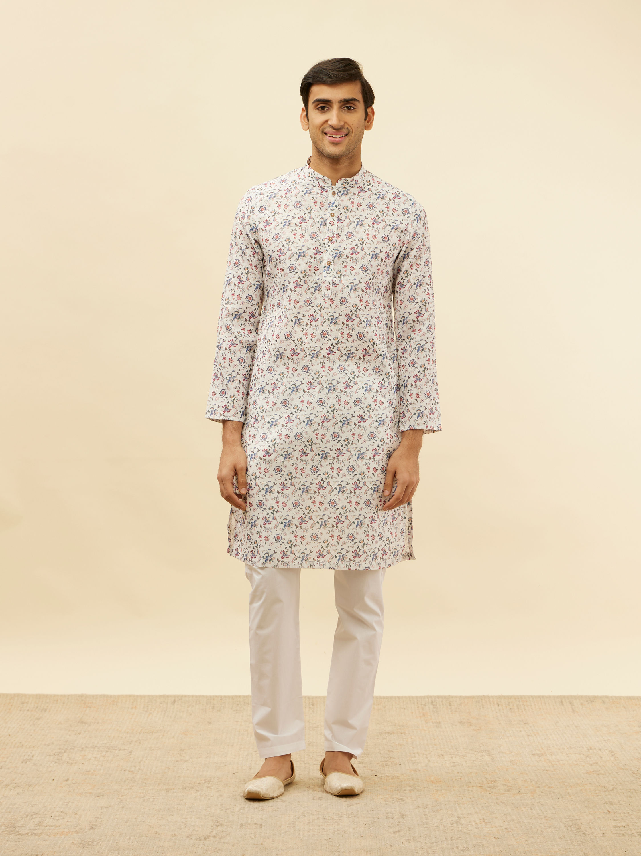 Manyavar Men Pearl White Botanical Printed Kurta Set