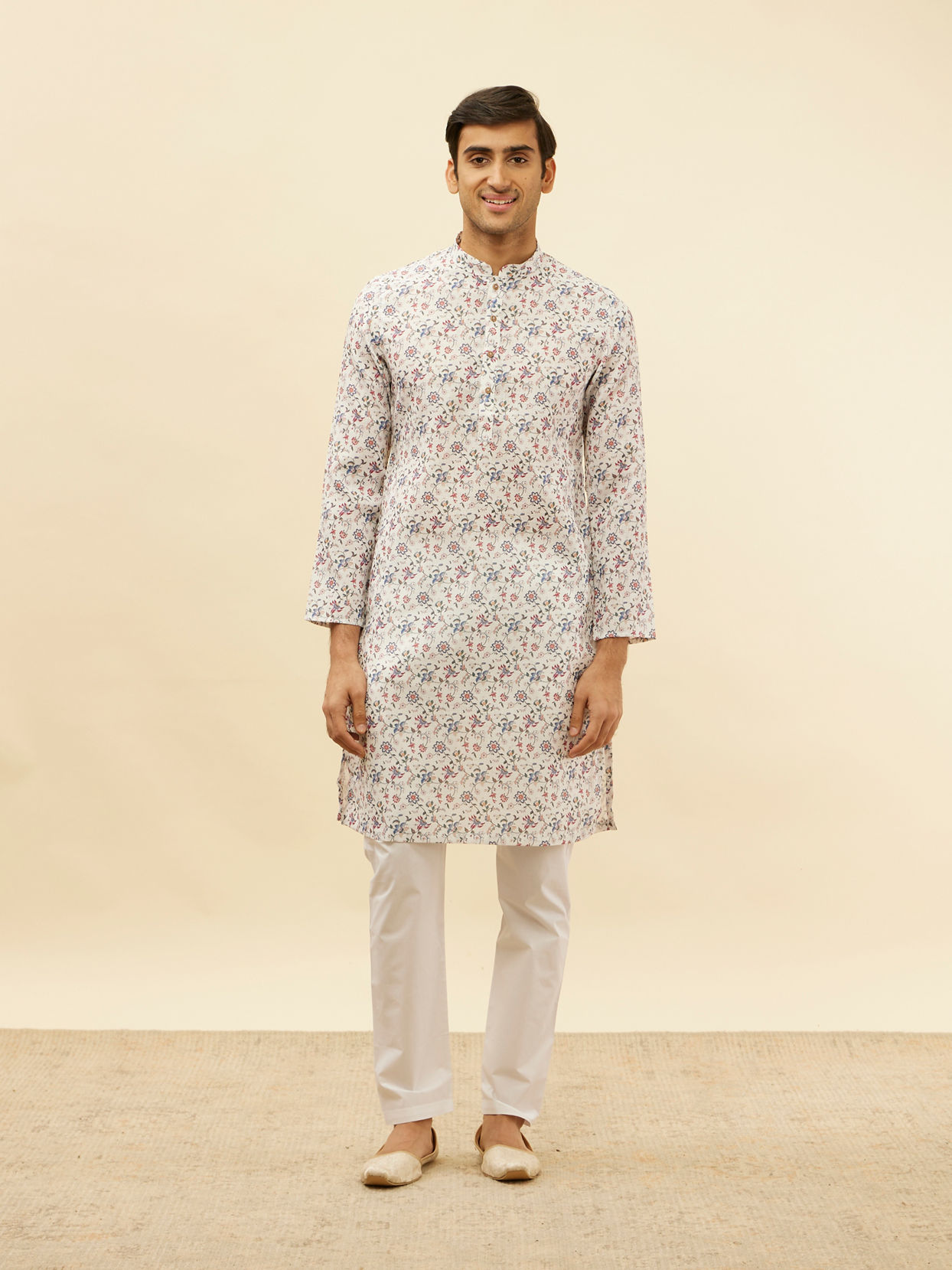 Manyavar Men Pearl White Botanical Printed Kurta Set