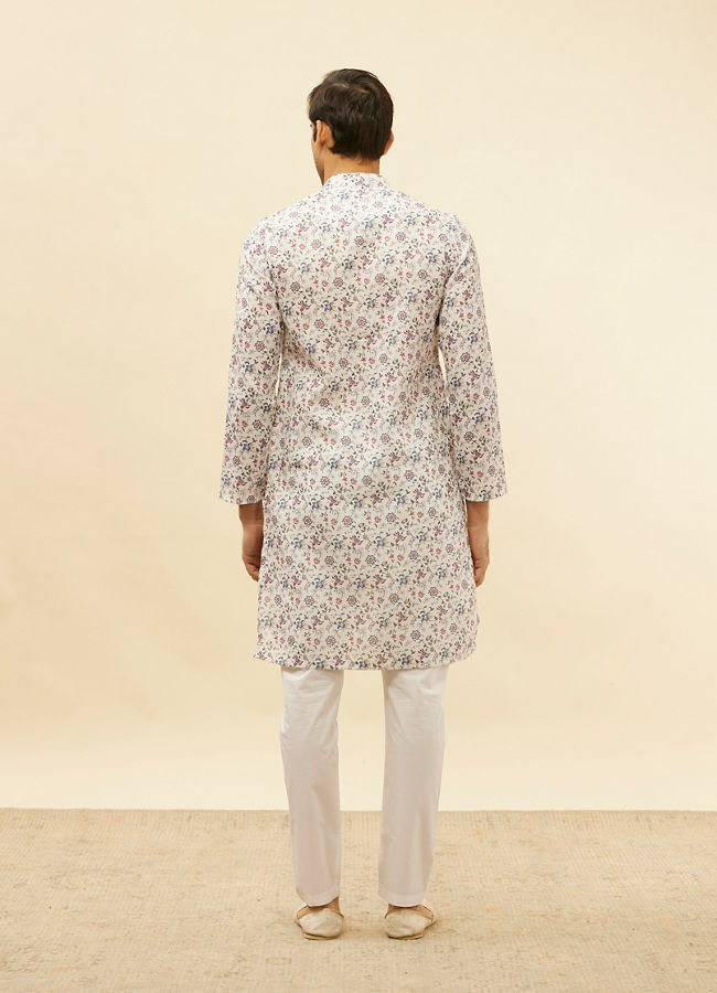 Manyavar Men Pearl White Botanical Printed Kurta Set