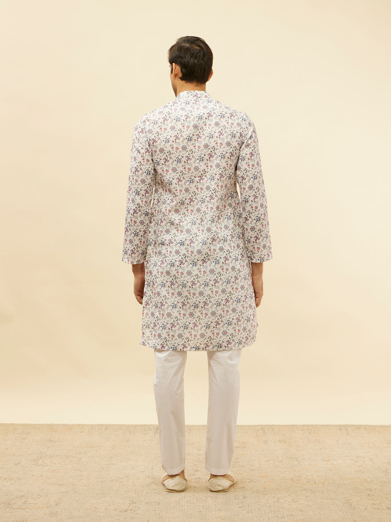 Manyavar Men Pearl White Botanical Printed Kurta Set