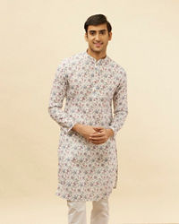 Manyavar Men Pearl White Botanical Printed Kurta Set