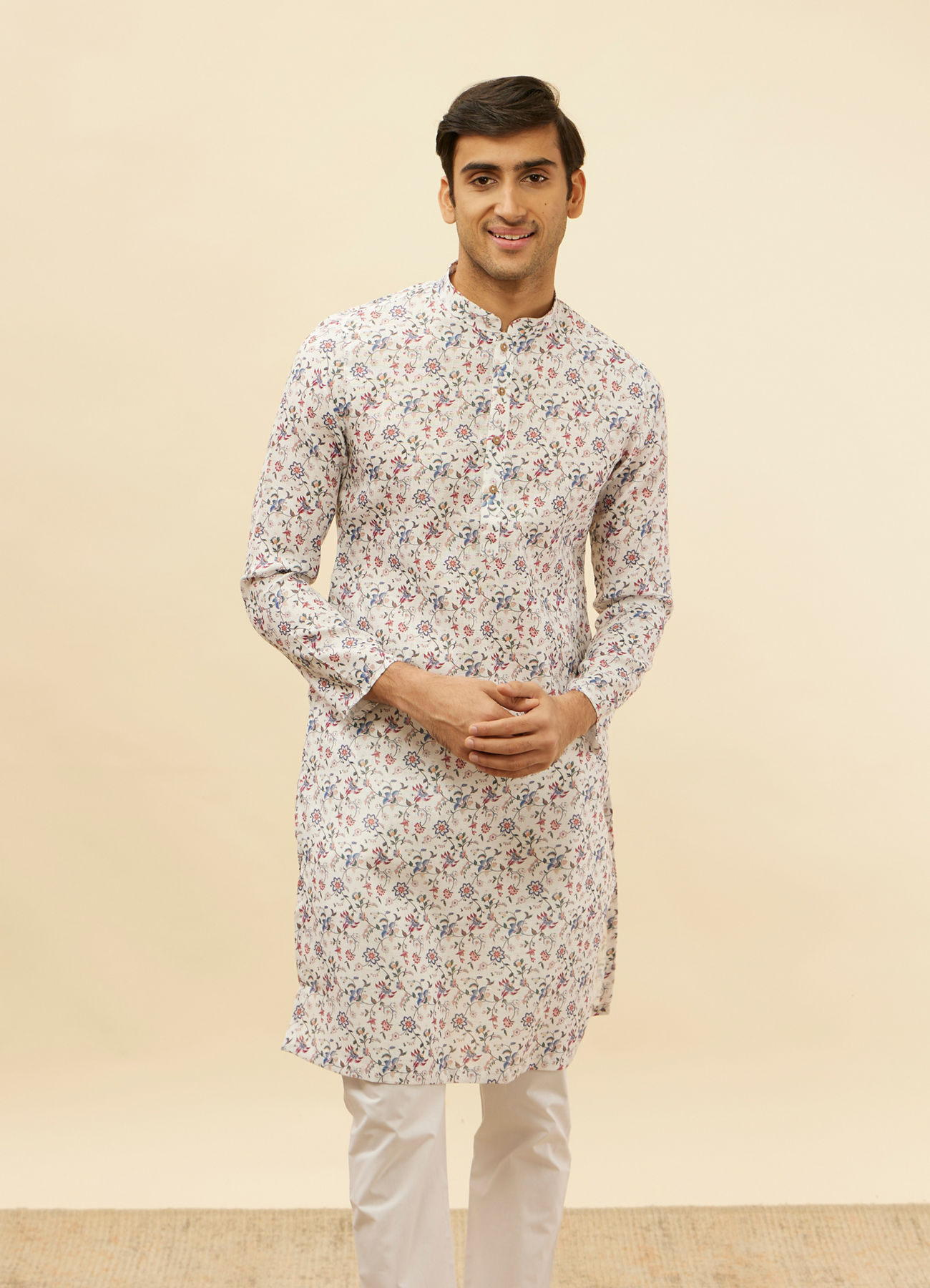 Manyavar Men Pearl White Botanical Printed Kurta Set
