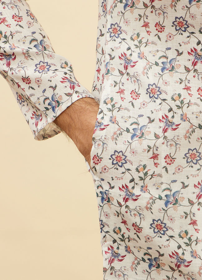 Manyavar Men Pearl White Botanical Printed Kurta Set