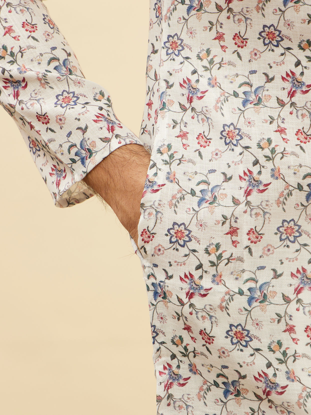 Manyavar Men Pearl White Botanical Printed Kurta Set
