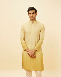 Manyavar Men Peach Yellow Floral Lattice Printed Kurta Set