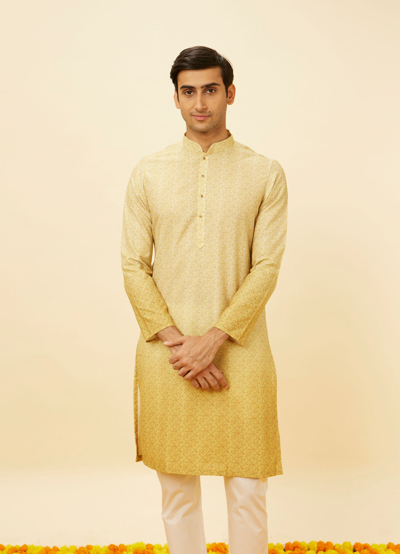 Manyavar Men Peach Yellow Floral Lattice Printed Kurta Set