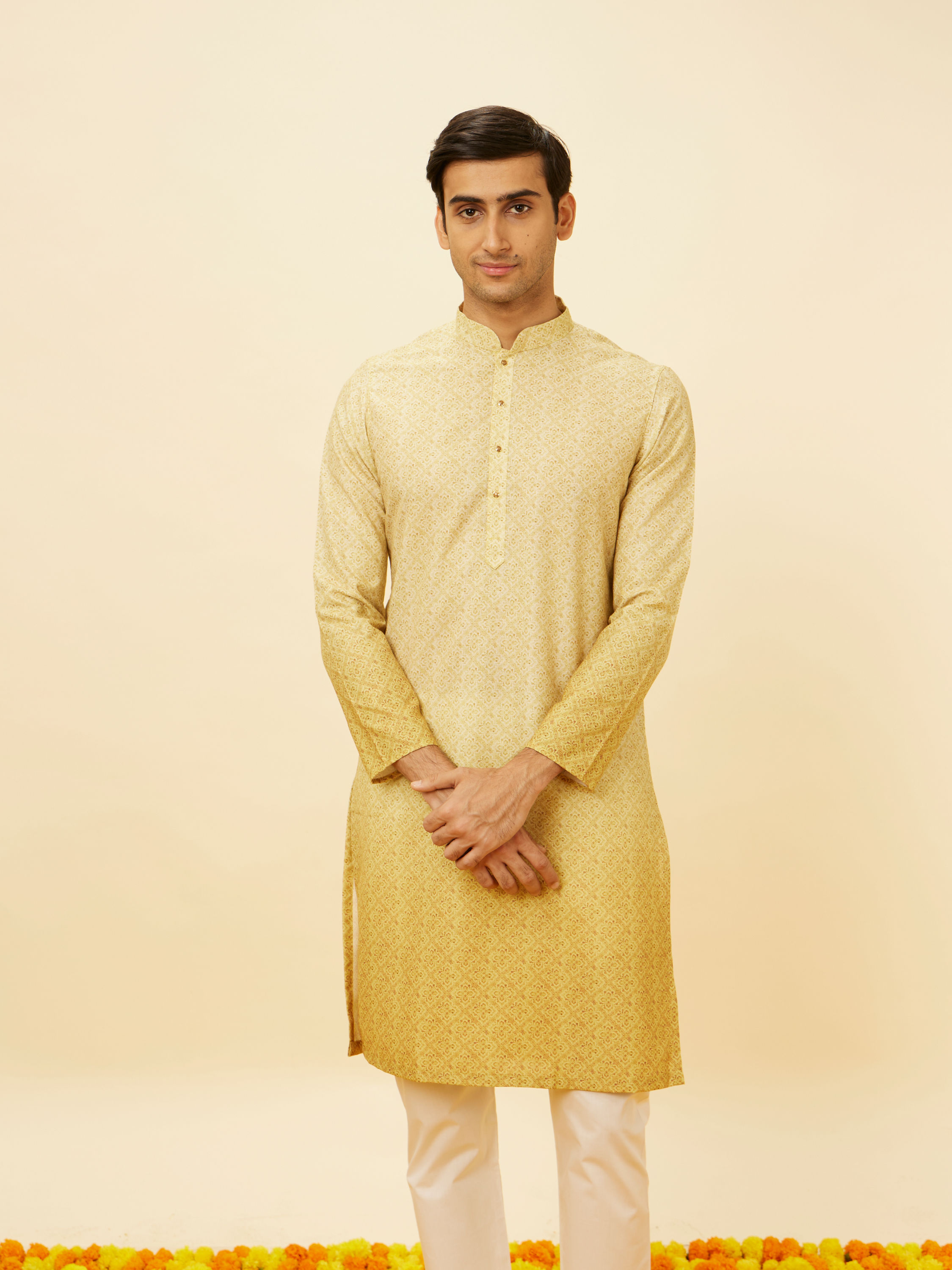 Manyavar Men Peach Yellow Floral Lattice Printed Kurta Set