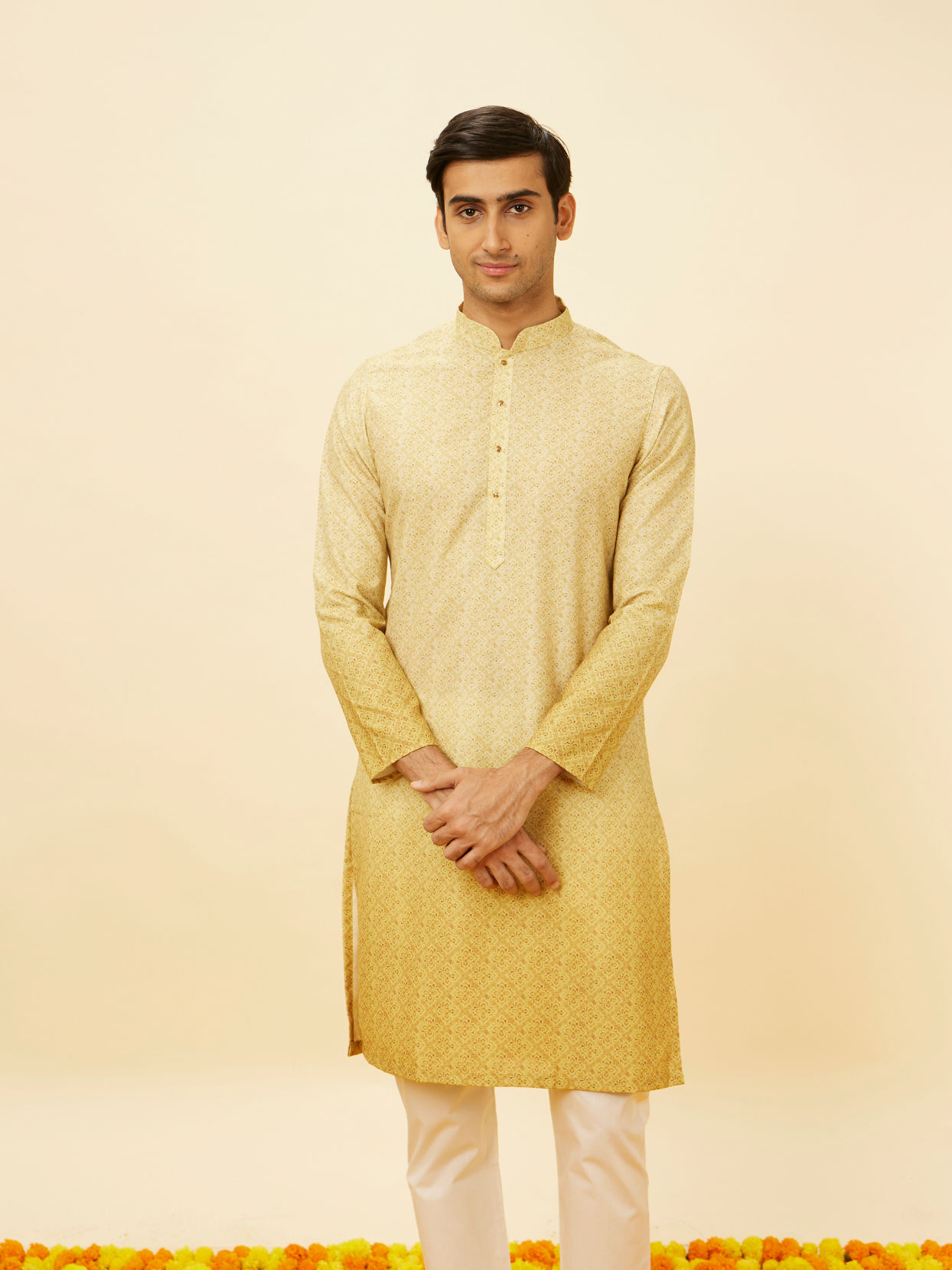 Manyavar Men Peach Yellow Floral Lattice Printed Kurta Set image number 0