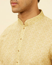 Manyavar Men Peach Yellow Floral Lattice Printed Kurta Set