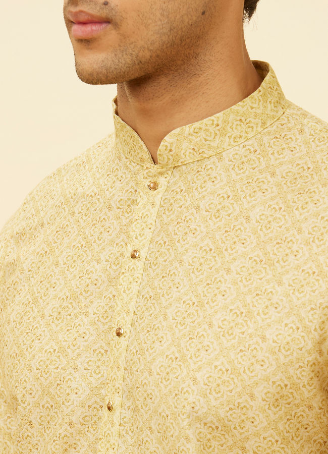 Manyavar Men Peach Yellow Floral Lattice Printed Kurta Set image number 1