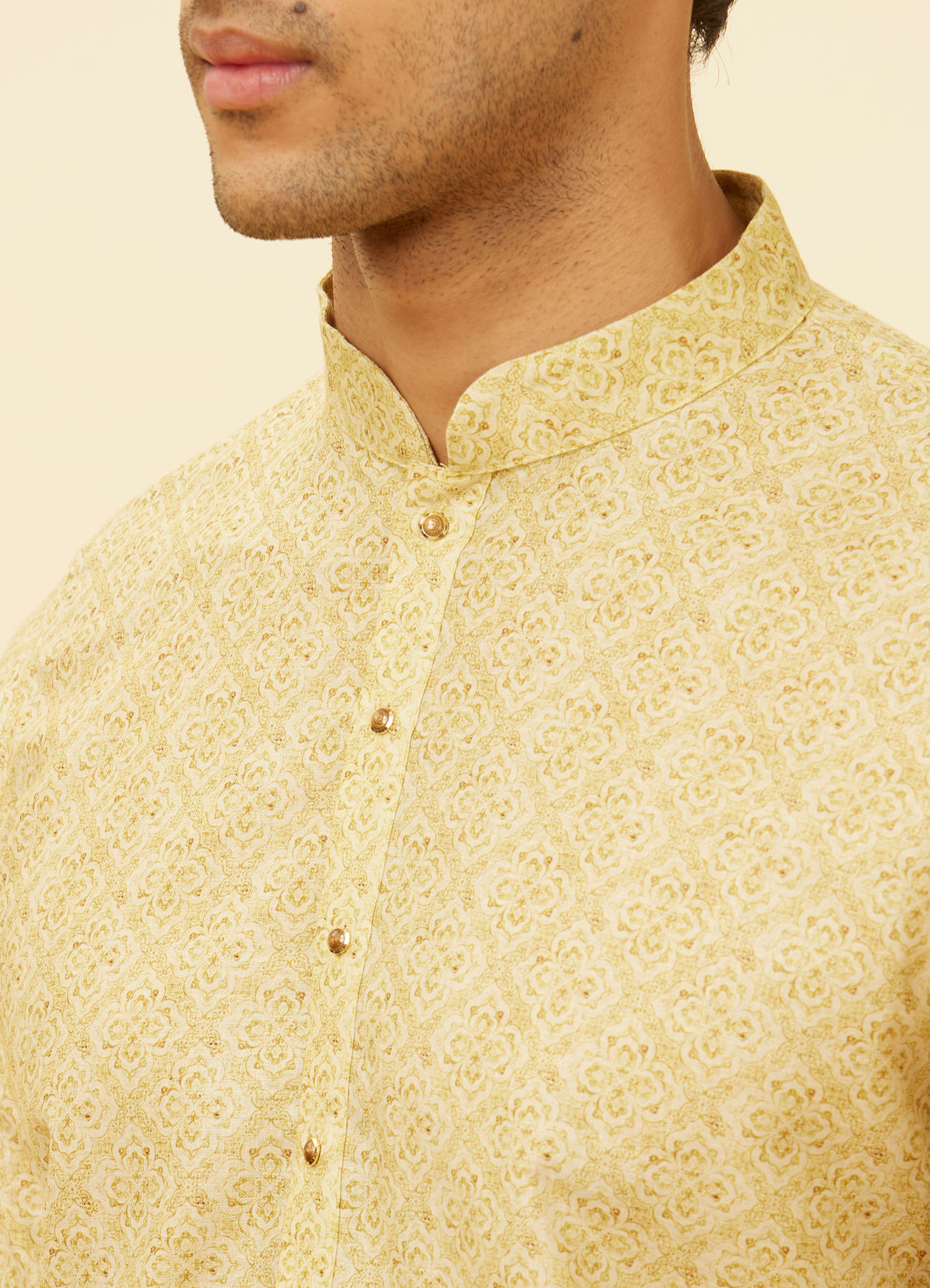 Manyavar Men Peach Yellow Floral Lattice Printed Kurta Set