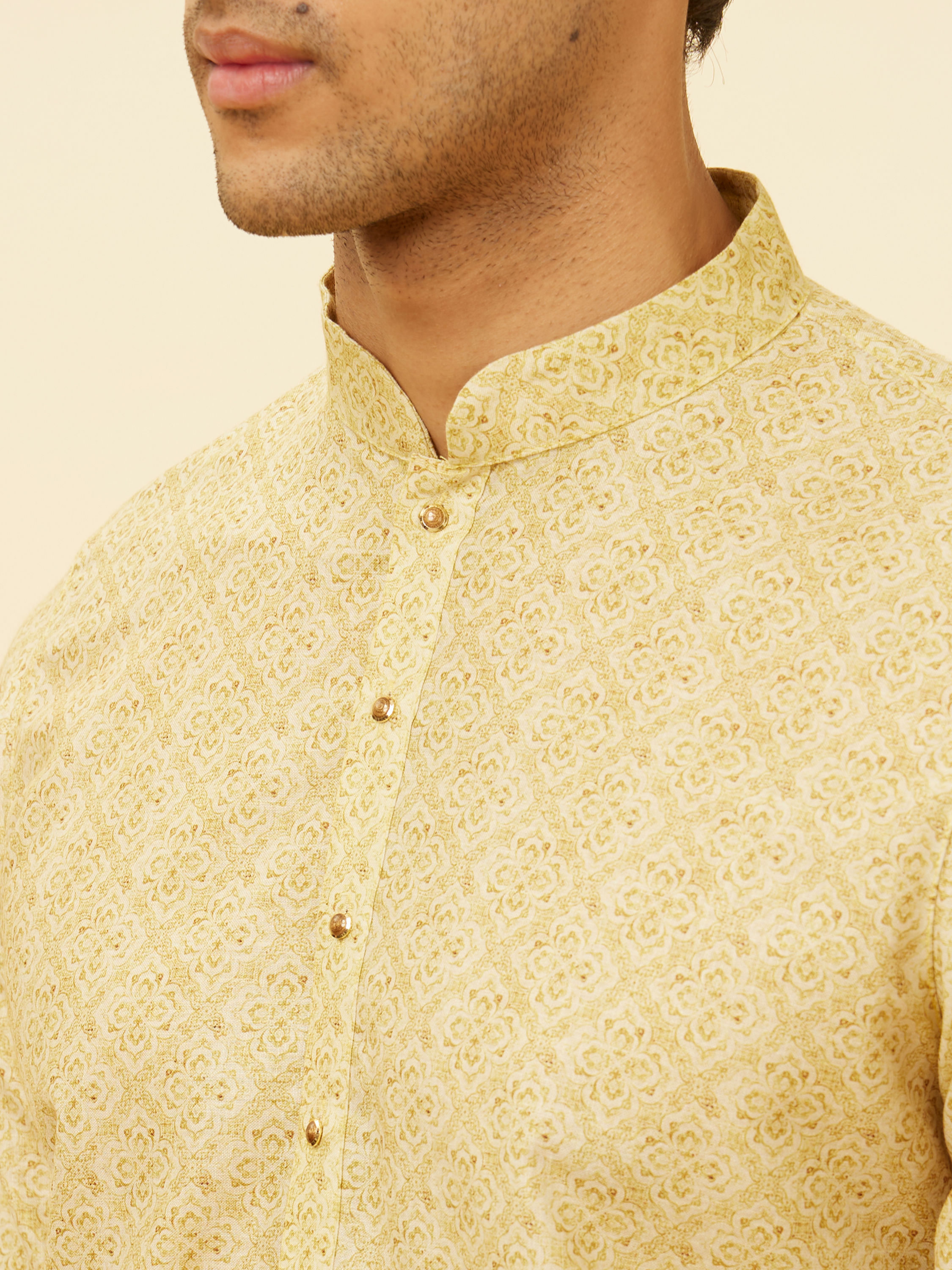 Manyavar Men Peach Yellow Floral Lattice Printed Kurta Set