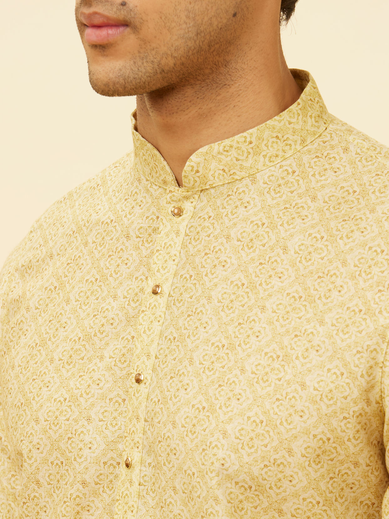 Manyavar Men Peach Yellow Floral Lattice Printed Kurta Set image number 1