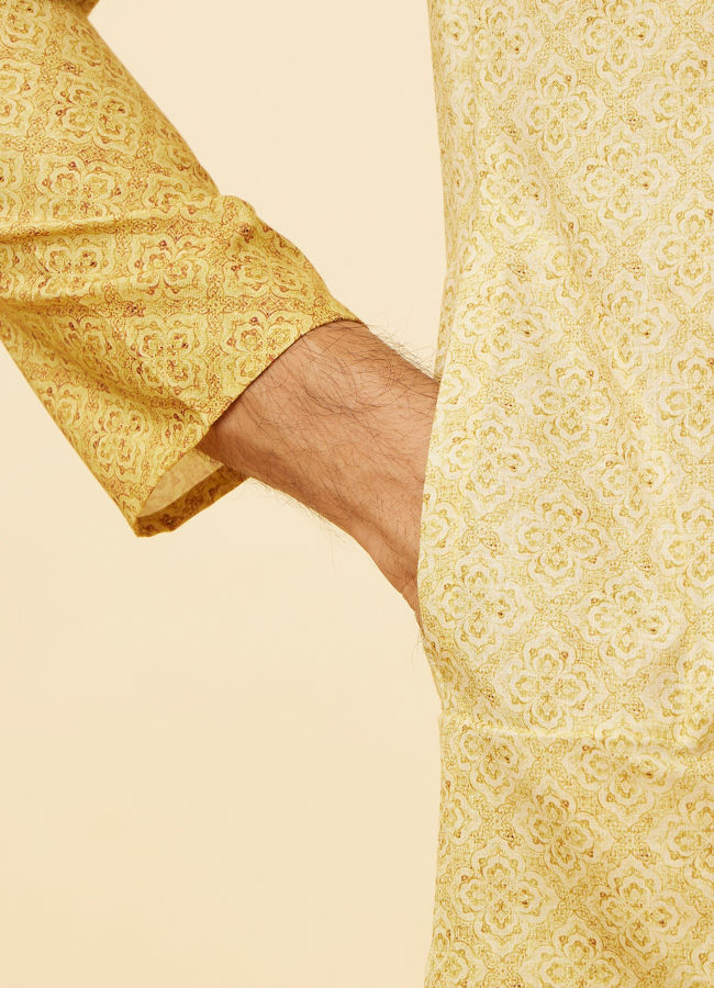 Manyavar Men Peach Yellow Floral Lattice Printed Kurta Set image number 3