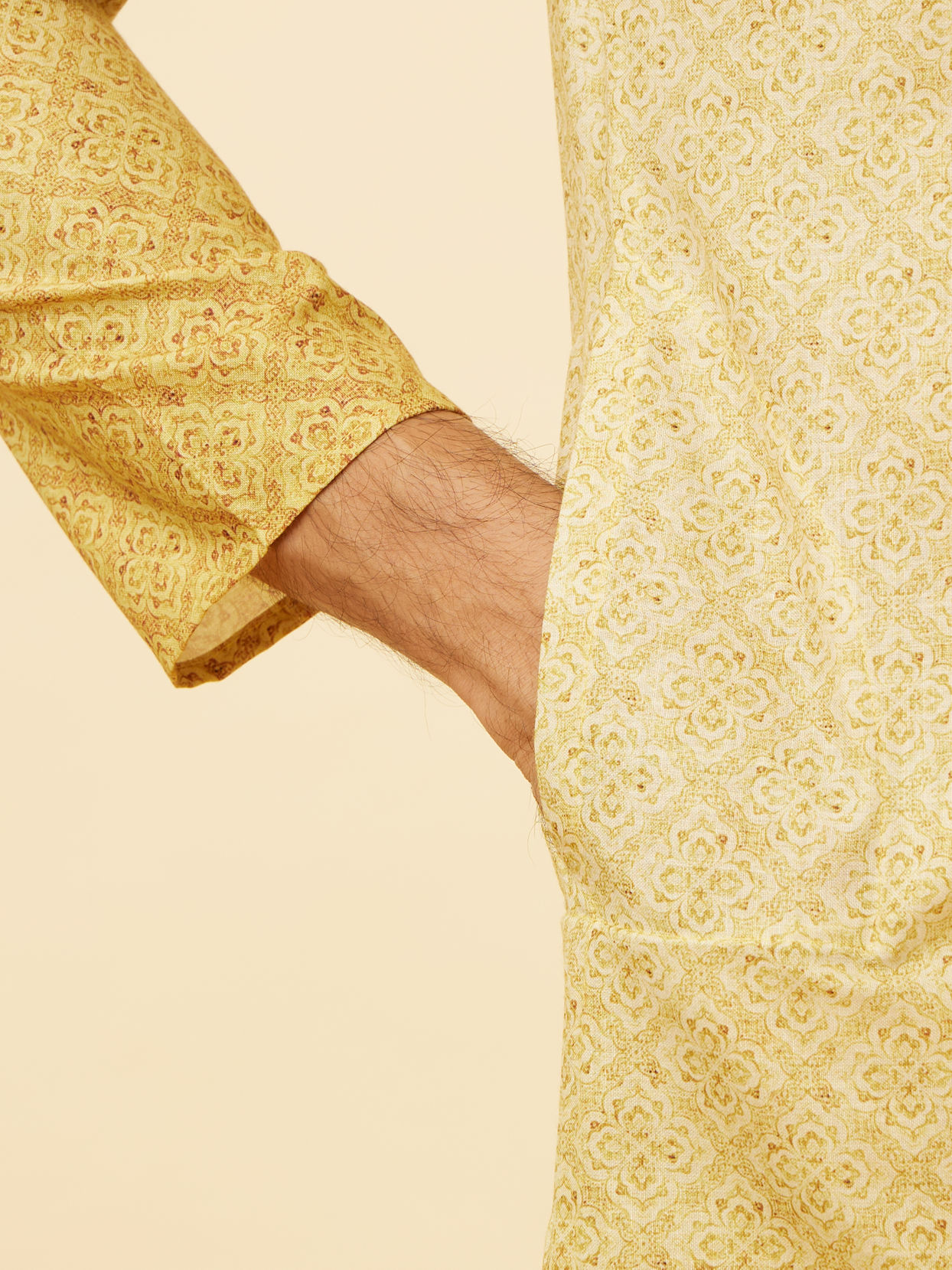 Manyavar Men Peach Yellow Floral Lattice Printed Kurta Set image number 3