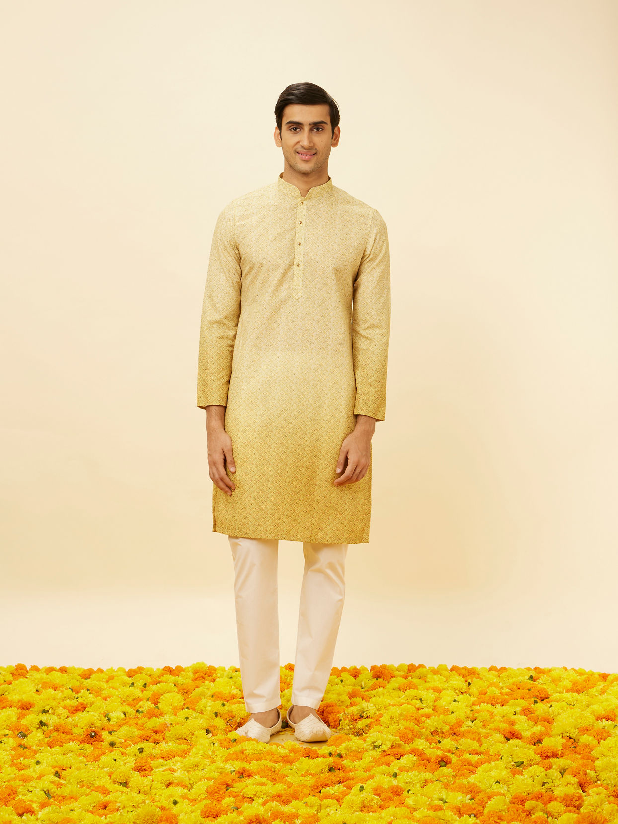 Manyavar Men Peach Yellow Floral Lattice Printed Kurta Set image number 2