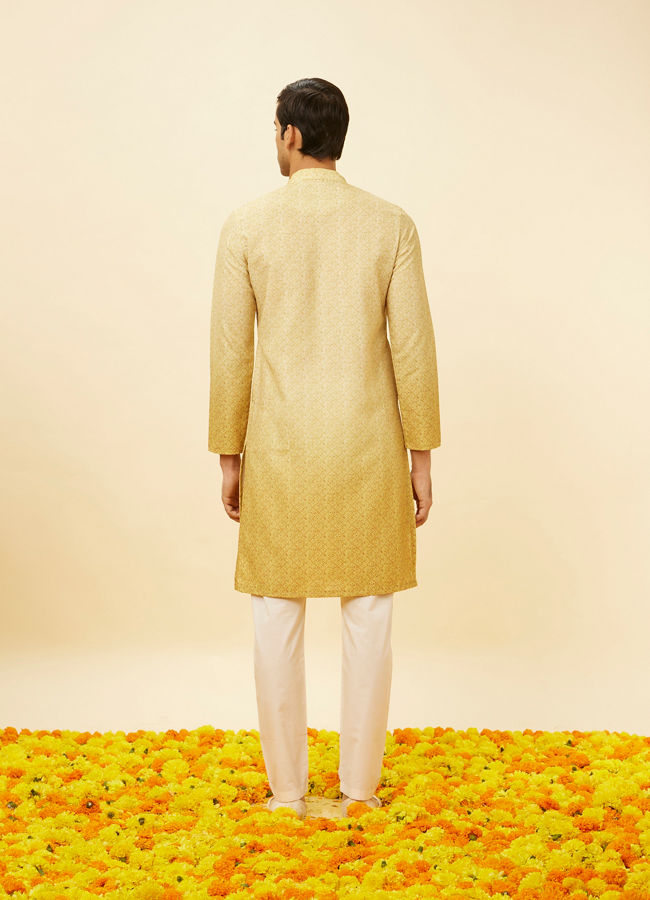 Manyavar Men Peach Yellow Floral Lattice Printed Kurta Set image number 5