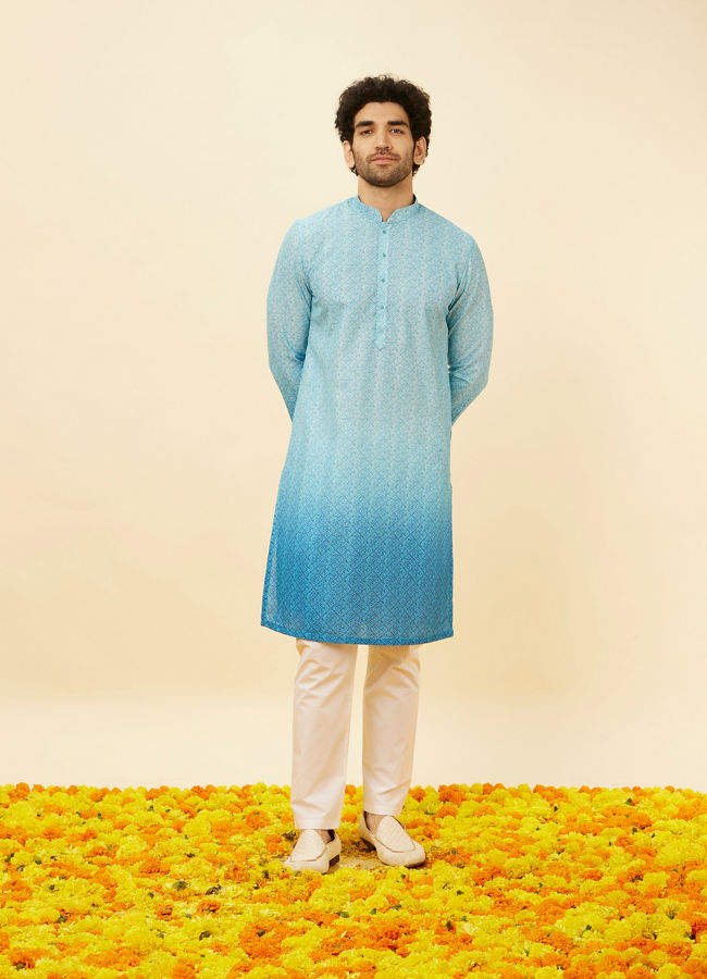 Manyavar Men Ice Blue Ombre Effect Floral Lattice Printed Kurta Set