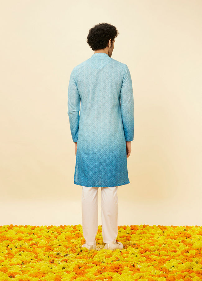 Manyavar Men Ice Blue Ombre Effect Floral Lattice Printed Kurta Set
