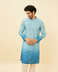 Manyavar Men Ice Blue Ombre Effect Floral Lattice Printed Kurta Set