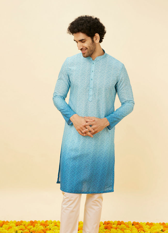 Manyavar Men Ice Blue Ombre Effect Floral Lattice Printed Kurta Set image number 0