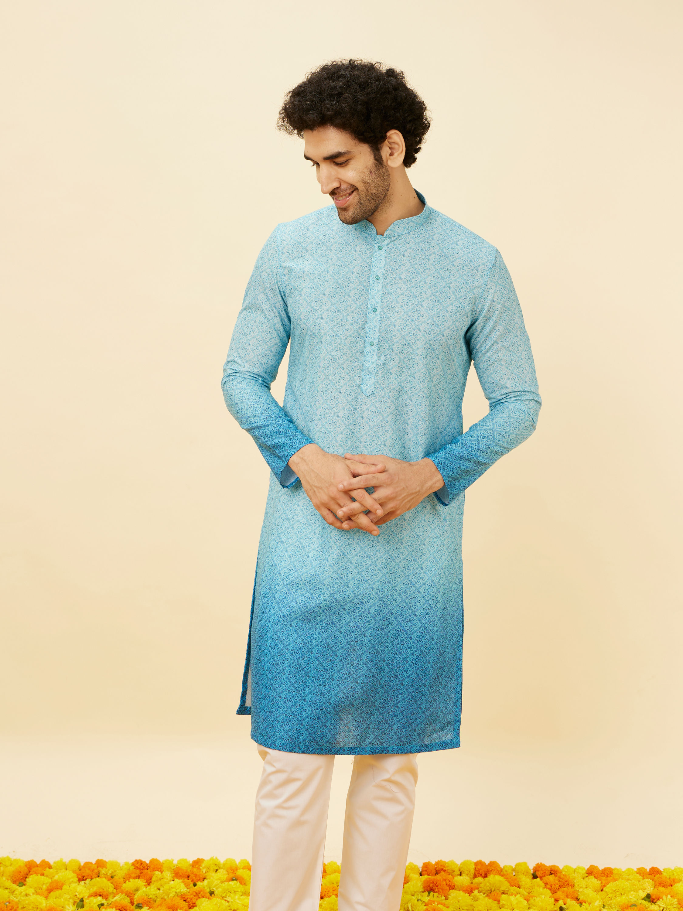 Manyavar Men Ice Blue Ombre Effect Floral Lattice Printed Kurta Set