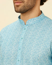 Manyavar Men Ice Blue Ombre Effect Floral Lattice Printed Kurta Set