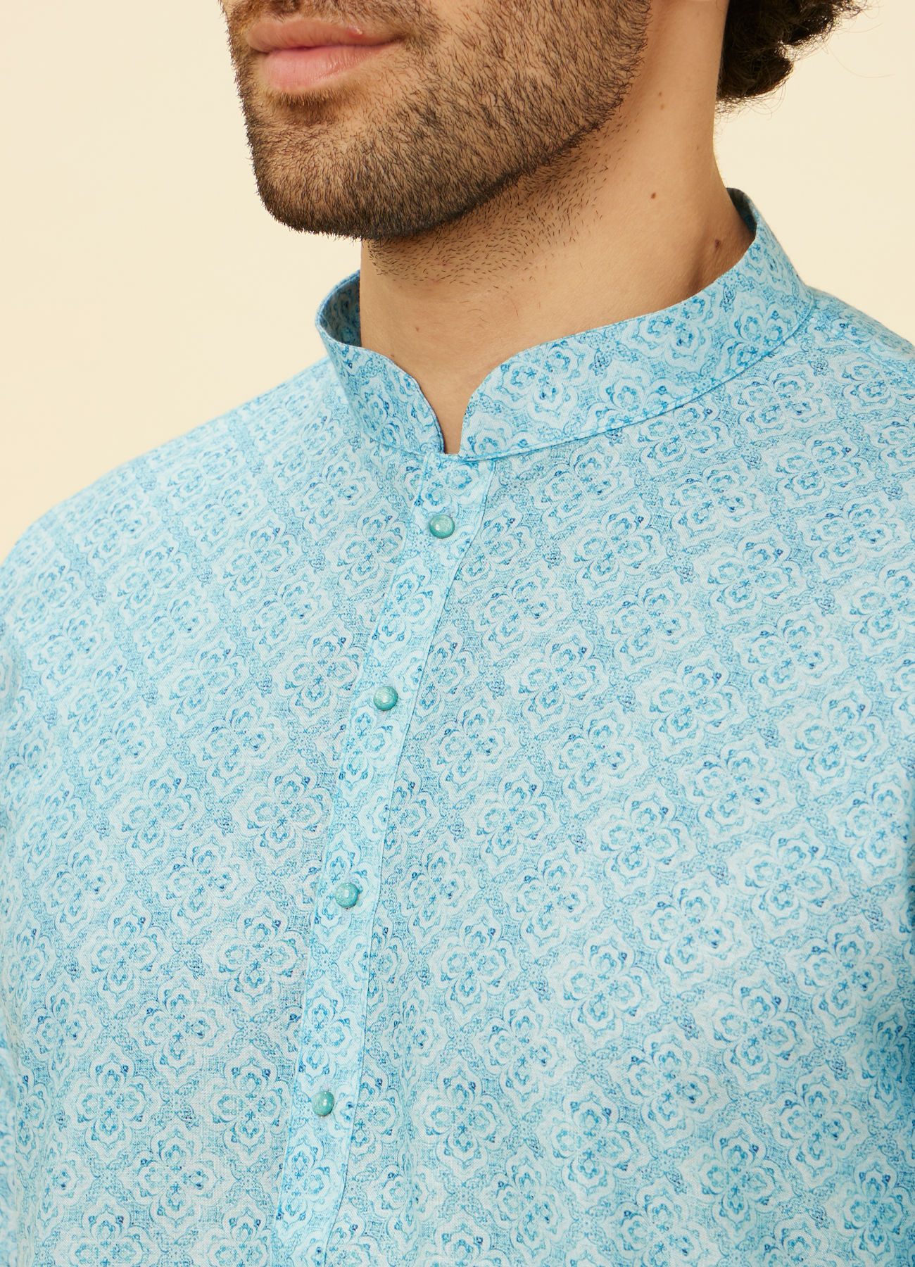 Manyavar Men Ice Blue Ombre Effect Floral Lattice Printed Kurta Set