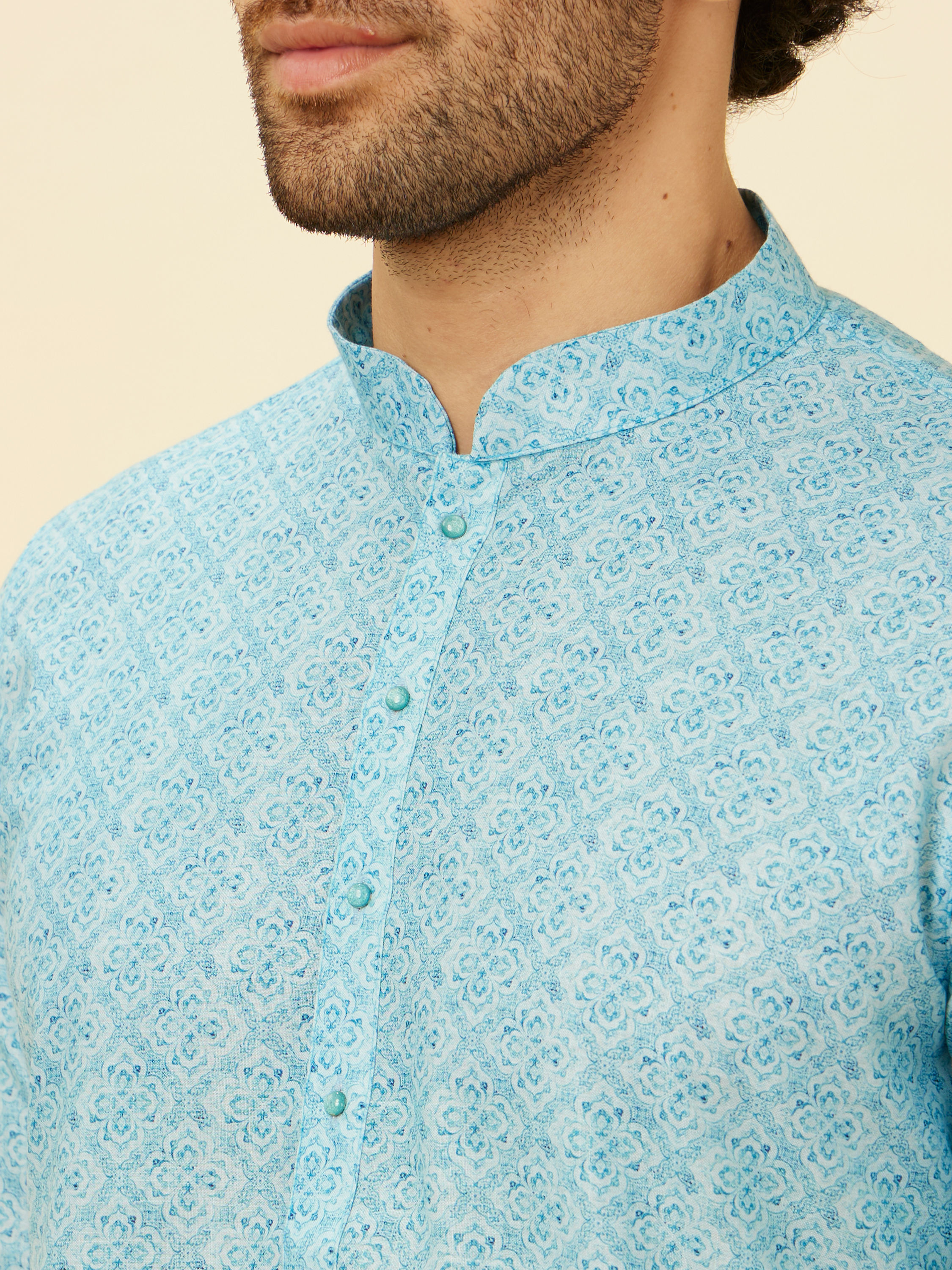 Manyavar Men Ice Blue Ombre Effect Floral Lattice Printed Kurta Set