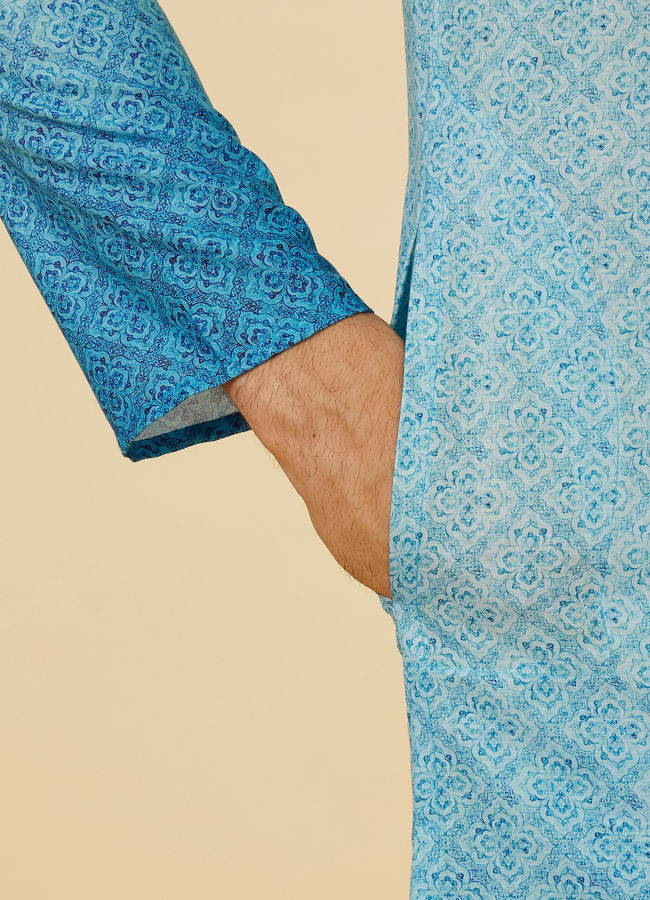 Manyavar Men Ice Blue Ombre Effect Floral Lattice Printed Kurta Set