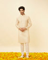 alt message - Manyavar Men Peach Beige Harlequin Printed Kurta Set image number 2