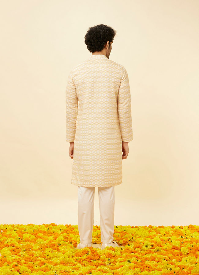 alt message - Manyavar Men Peach Beige Harlequin Printed Kurta Set image number 5