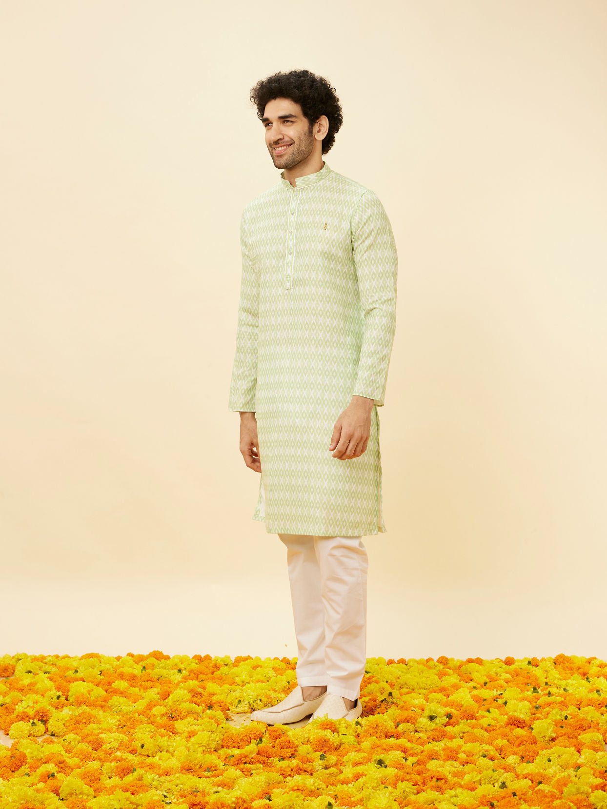 Manyavar Men Lime Green Harlequin Printed Kurta Set