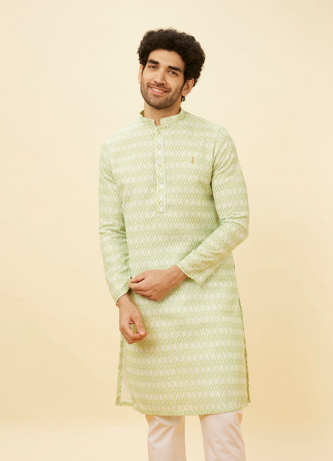 alt message - Manyavar Men Lime Green Harlequin Printed Kurta Set image number 0