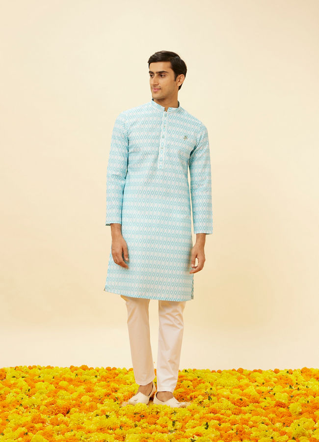 alt message - Manyavar Men Aquamarine Blue Harlequin Printed Kurta Set image number 2