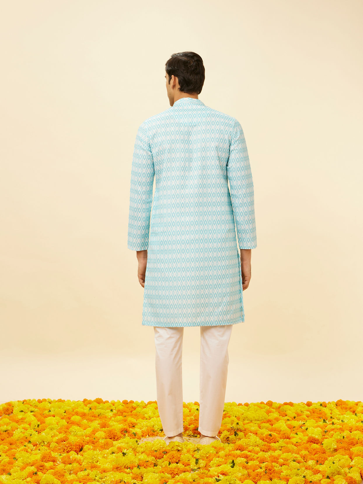 Manyavar Men Aquamarine Blue Harlequin Printed Kurta Set