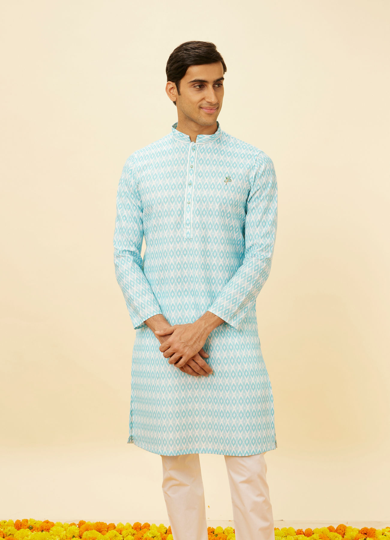 Manyavar Men Aquamarine Blue Harlequin Printed Kurta Set