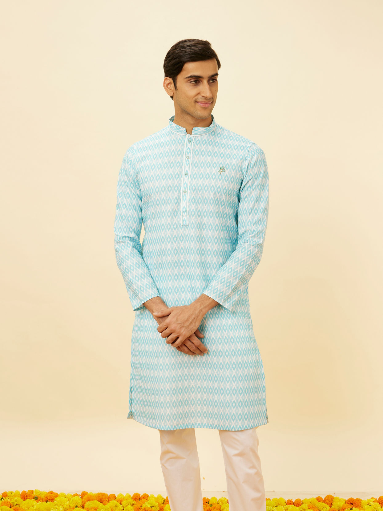 alt message - Manyavar Men Aquamarine Blue Harlequin Printed Kurta Set image number 0