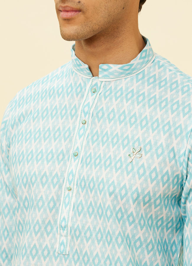 alt message - Manyavar Men Aquamarine Blue Harlequin Printed Kurta Set image number 1