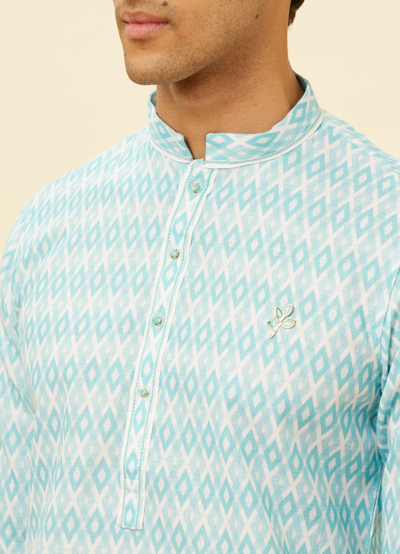 Manyavar Men Aquamarine Blue Harlequin Printed Kurta Set