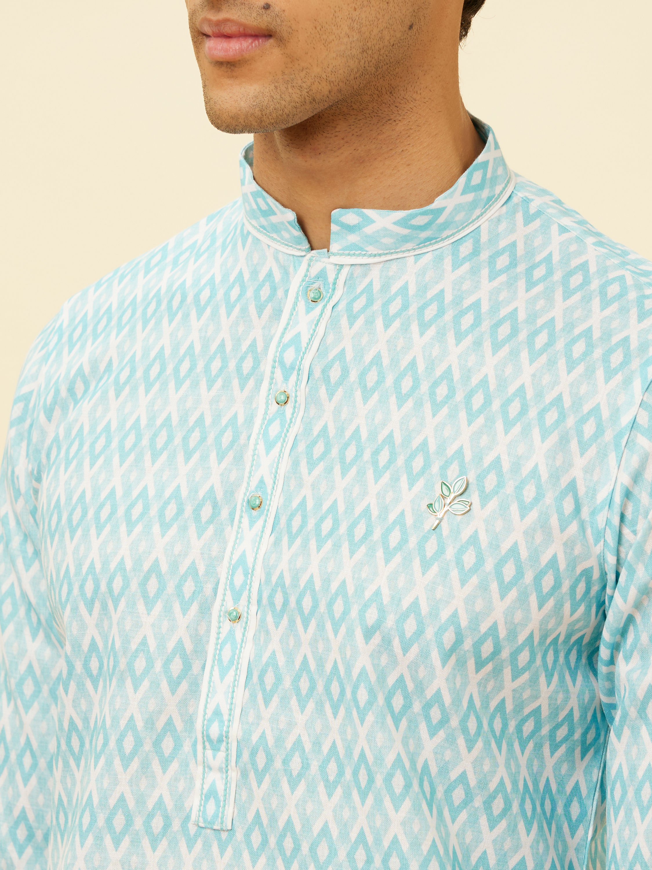 Manyavar Men Aquamarine Blue Harlequin Printed Kurta Set