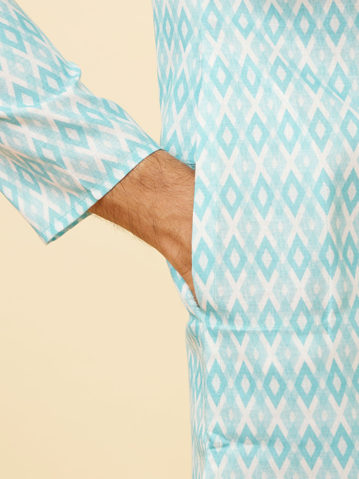 Manyavar Men Aquamarine Blue Harlequin Printed Kurta Set